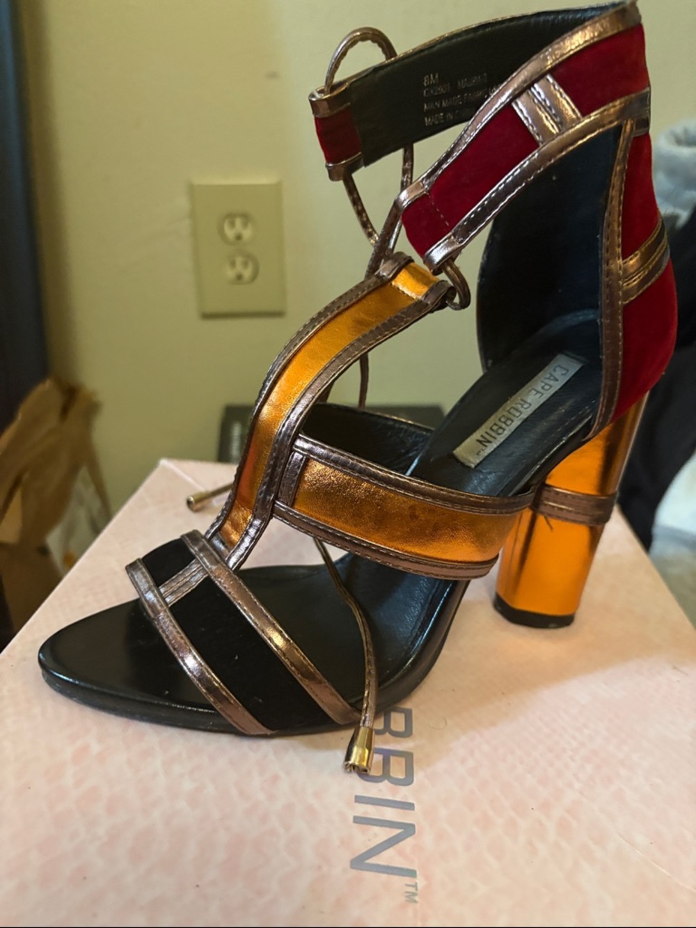 Cape Robbin Red and Gold Metallic Strappy High Heel Sandals - Picture 2 of 5